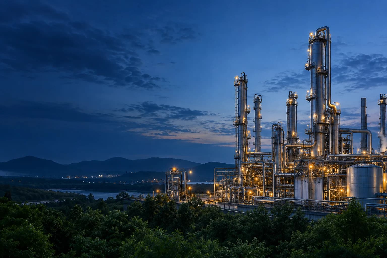 Illustrative chemical processing plant at dusk; not Yongchang's factory