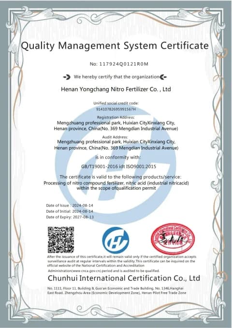 Yongchang Chemical ISO 9001:2015 quality management system certificate for Henan Yongchang Nitro Fertilizer Co., Ltd