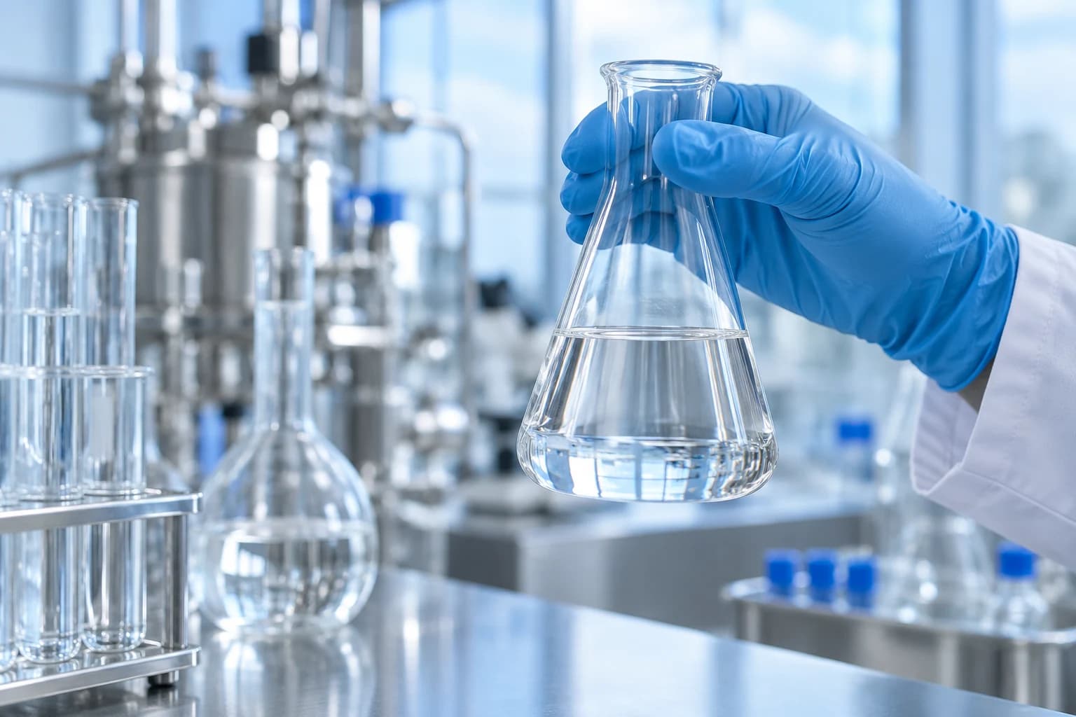 Illustrative laboratory scene with a gloved hand and glass flask; not a Yongchang laboratory