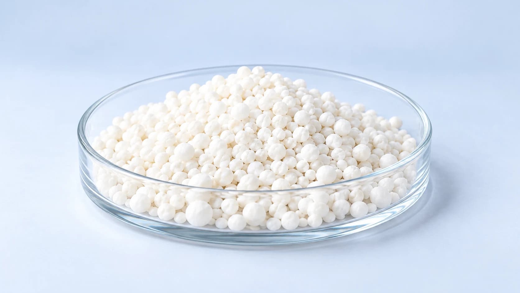 Illustration of white ammonium nitrate (NH4NO3) granules in a glass sample dish