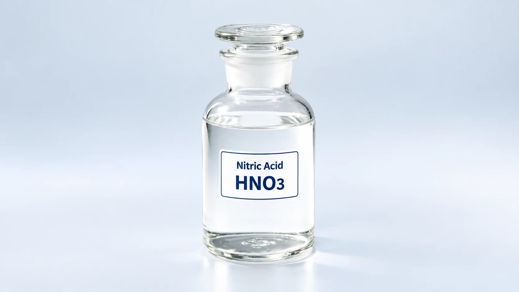 Illustration of nitric acid (HNO3) in a clear glass bottle