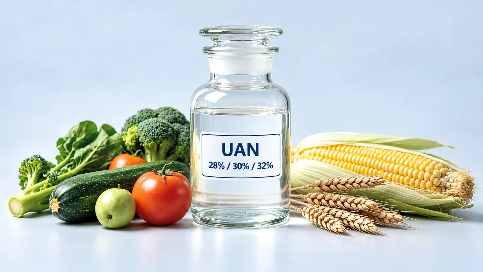 Illustration of urea ammonium nitrate (UAN) solution in a glass bottle beside corn, wheat and vegetables