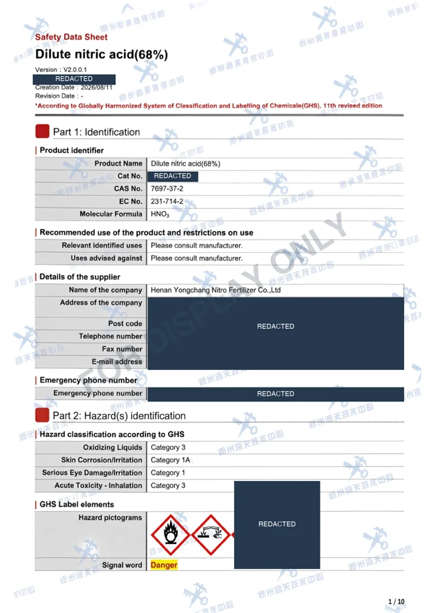 English identification page of the 68% nitric acid safety data sheet, retaining the company name, with sensitive fields redacted and a FOR DISPLAY ONLY watermark