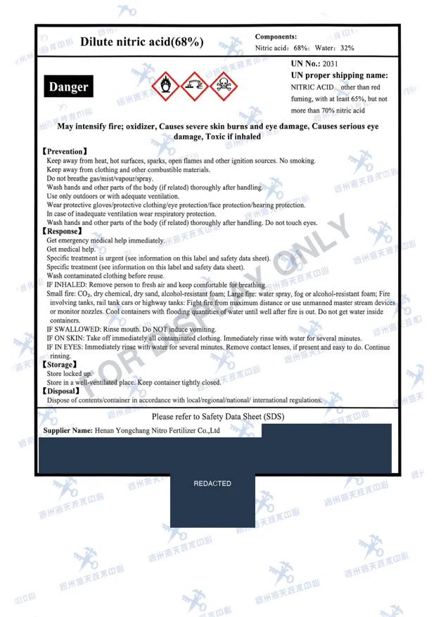 English safety label for 68% nitric acid, retaining the supplier name, with contacts and seal redacted and a FOR DISPLAY ONLY watermark